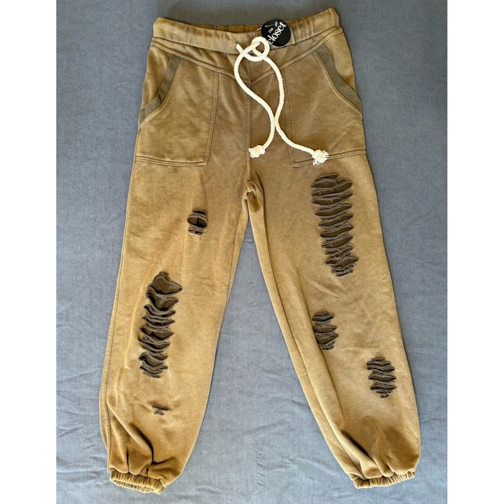 NWT The Closet Distressed Jogger Pants Tan Brown Y2K Sweatpants Unisex Medium